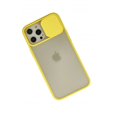 Mey İthalat®  iPhone 12 Pro Max Kılıf Palm Buzlu Kamera Sürgülü Silikon - Sarı