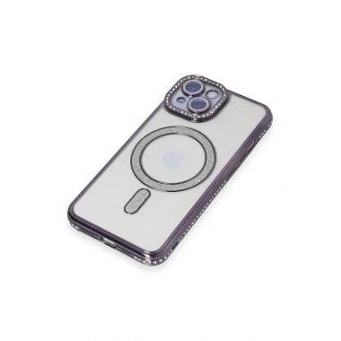 Mey İthalat®  iPhone 13 Kılıf Joke Simli Magneticsafe Kılıf - Derin Mor