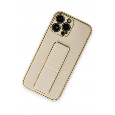 Mey İthalat®  iPhone 13 Pro Kılıf Coco Deri Standlı Kapak - Gold