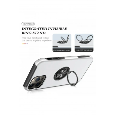 Mey İthalat®  iPhone 13 Pro Kılıf Elit Yüzüklü Kapak - Gümüş