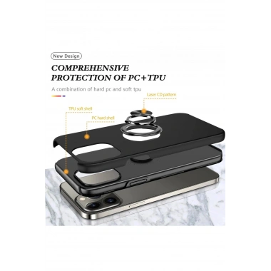 Mey İthalat®  iPhone 13 Pro Kılıf Elit Yüzüklü Kapak - Siyah