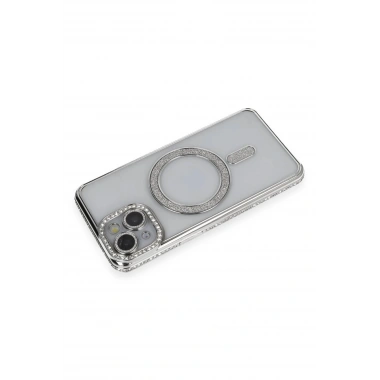Mey İthalat®  iPhone 14 Kılıf Joke Simli Magneticsafe Kılıf - Gümüş