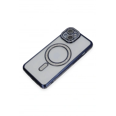 Mey İthalat®  iPhone 14 Kılıf Joke Simli Magneticsafe Kılıf - Lacivert