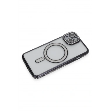 Mey İthalat®  iPhone 14 Kılıf Joke Simli Magneticsafe Kılıf - Siyah