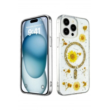 Mey İthalat®  iPhone 14 Pro Kılıf Daisy Simli Magsafe Kapak - Gold
