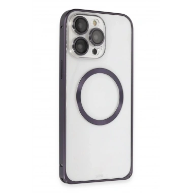 Mey İthalat®  iPhone 14 Pro Kılıf Metal Bumper Magneticsafe Kapak - Derin Mor