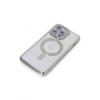 Mey İthalat®  iPhone 14 Pro Max Kılıf Joke Simli Magneticsafe Kılıf - Gümüş