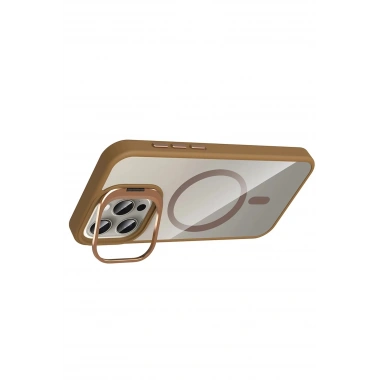 Mey İthalat®   iPhone 14 Pro Max Remim Lensli Magsafe Standlı Kapak - Kahverengi