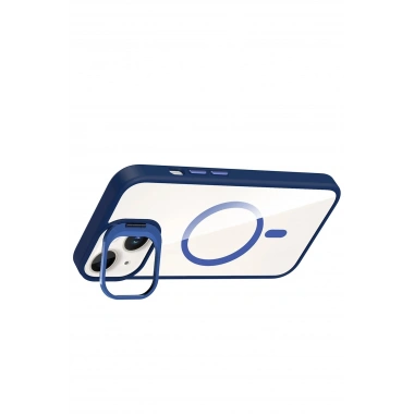 Mey İthalat®   iPhone 14 Remim Lensli Magsafe Standlı Kapak - Lacivert