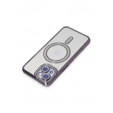 Mey İthalat®  iPhone 15 Kılıf Joke Simli Magneticsafe Kılıf - Derin Mor