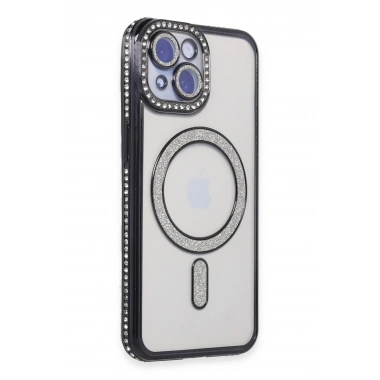 Mey İthalat®  iPhone 15 Kılıf Joke Simli Magneticsafe Kılıf - Siyah