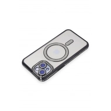 Mey İthalat®  iPhone 15 Kılıf Joke Simli Magneticsafe Kılıf - Siyah