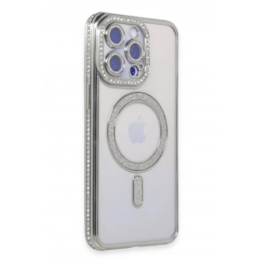 Mey İthalat®  iPhone 15 Pro Kılıf Joke Simli Magneticsafe Kılıf - Gümüş