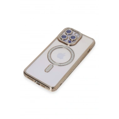 Mey İthalat®  iPhone 15 Pro Max Kılıf Joke Simli Magneticsafe Kılıf - Gold