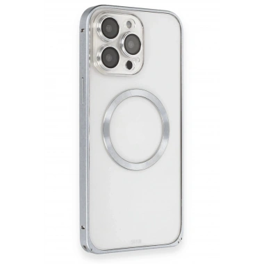 Mey İthalat®  iPhone 15 Pro Max Kılıf Metal Bumper Magneticsafe Kapak - Gri