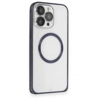 Mey İthalat®  iPhone 15 Pro Max Kılıf Metal Bumper Magneticsafe Kapak - Lacivert