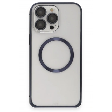 Mey İthalat®  iPhone 15 Pro Max Kılıf Metal Bumper Magneticsafe Kapak - Lacivert