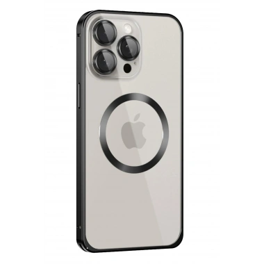 Mey İthalat®  iPhone 15 Pro Max Kılıf Metal Bumper Magneticsafe Kapak - Siyah