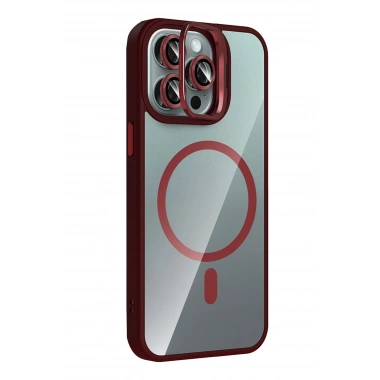 Mey İthalat®   iPhone 15 Pro Max Remim Lensli Magsafe Standlı Kapak - Bordo