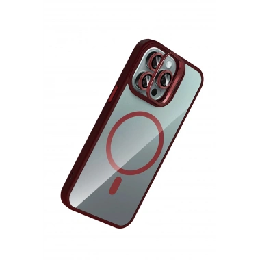 Mey İthalat®   iPhone 15 Pro Max Remim Lensli Magsafe Standlı Kapak - Bordo