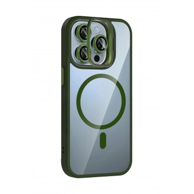 Mey İthalat®   iPhone 15 Pro Max Remim Lensli Magsafe Standlı Kapak - Koyu Yeşil