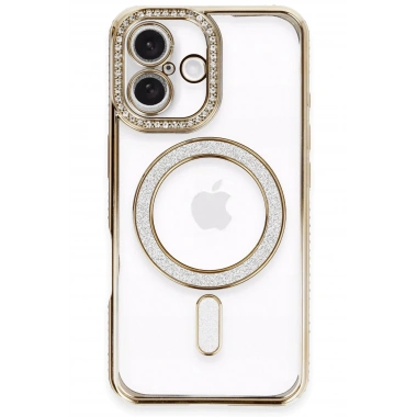 Mey İthalat®  iPhone 16 Kılıf Joke Simli Magneticsafe Kılıf - Gold