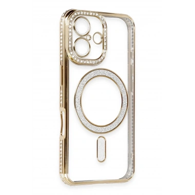 Mey İthalat®  iPhone 16 Kılıf Joke Simli Magneticsafe Kılıf - Gold