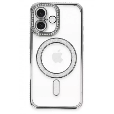 Mey İthalat®   iPhone 16 Kılıf Joke Simli Magneticsafe Kılıf - Gri