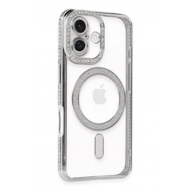Mey İthalat®  iPhone 16 Kılıf Joke Simli Magneticsafe Kılıf - Gümüş
