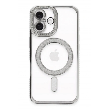 Mey İthalat®  iPhone 16 Kılıf Joke Simli Magneticsafe Kılıf - Gümüş