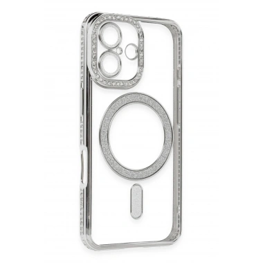 Mey İthalat®  iPhone 16 Kılıf Joke Simli Magneticsafe Kılıf - Gümüş