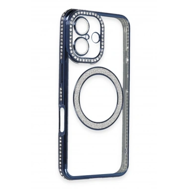 Mey İthalat®  iPhone 16 Kılıf Joke Simli Magneticsafe Kılıf - Lacivert