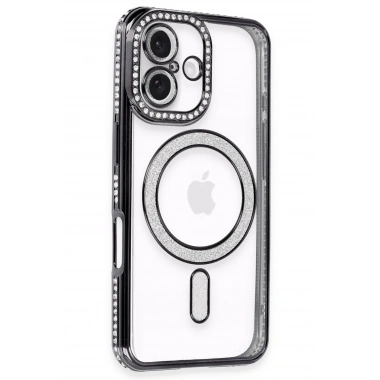 Mey İthalat®  iPhone 16 Kılıf Joke Simli Magneticsafe Kılıf - Siyah