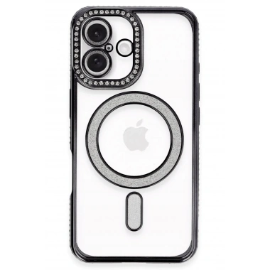 Mey İthalat®  iPhone 16 Kılıf Joke Simli Magneticsafe Kılıf - Siyah