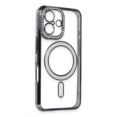 Mey İthalat®  iPhone 16 Kılıf Joke Simli Magneticsafe Kılıf - Siyah