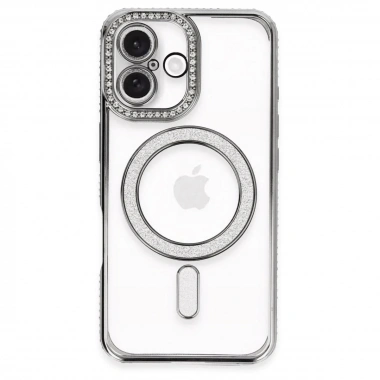 Mey İthalat®  iPhone 16 Plus Kılıf Joke Simli Magneticsafe Kılıf - Gri