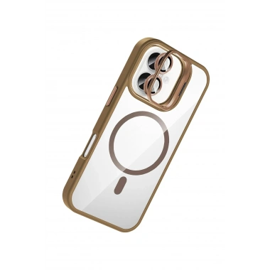 Mey İthalat®   iPhone 16 Plus Remim Lensli Magsafe Standlı Kapak - Kahverengi