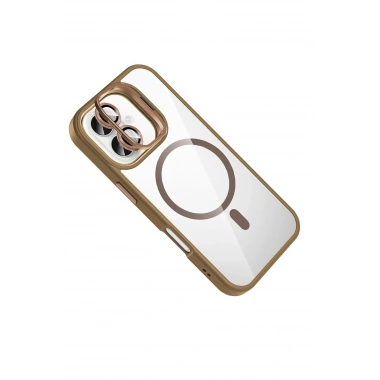 Mey İthalat®   iPhone 16 Plus Remim Lensli Magsafe Standlı Kapak - Kahverengi