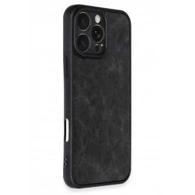 Mey İthalat®  iPhone 16 Pro Kılıf Aras Deri Kapak - Siyah