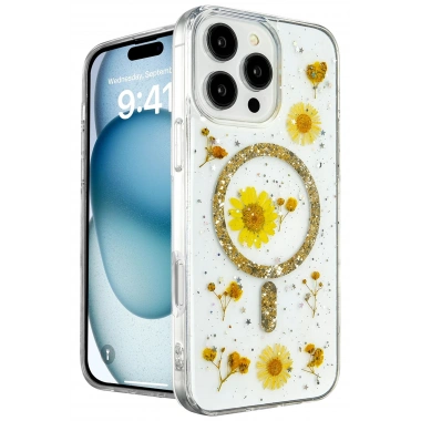 Mey İthalat®  iPhone 16 Pro Max Kılıf Daisy Simli Magsafe Kapak - Gold