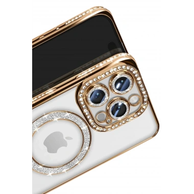Mey İthalat®  iPhone 16 Pro Max Kılıf Joke Simli Magneticsafe Kılıf - Gold