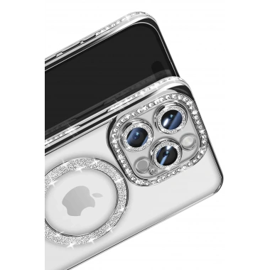 Mey İthalat®  iPhone 16 Pro Max Kılıf Joke Simli Magneticsafe Kılıf - Gümüş