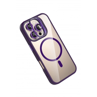 Mey İthalat®   iPhone 16 Pro Max Remim Lensli Magsafe Standlı Kapak - Derin Mor