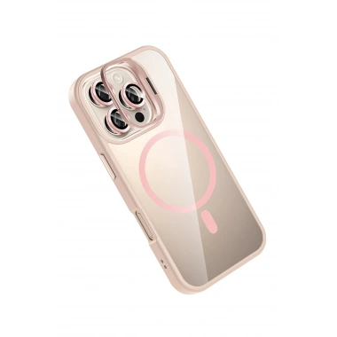 Mey İthalat®   iPhone 16 Pro Max Remim Lensli Magsafe Standlı Kapak - Pembe