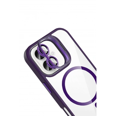 Mey İthalat®   iPhone 16 Remim Lensli Magsafe Standlı Kapak - Derin Mor