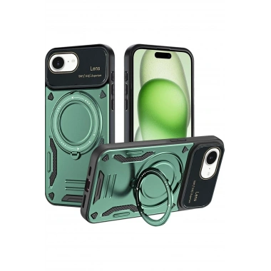 Mey İthalat®  iPhone 16E Kılıf Joy Lens Standlı Kapak - Koyu Yeşil