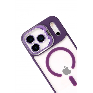 Mey İthalat®   iPhone 17 Pro Max Remim Lensli Magsafe Standlı Kapak - Derin Mor