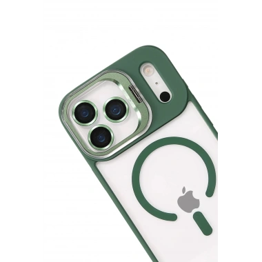 Mey İthalat®   iPhone 17 Pro Max Remim Lensli Magsafe Standlı Kapak - Koyu Yeşil