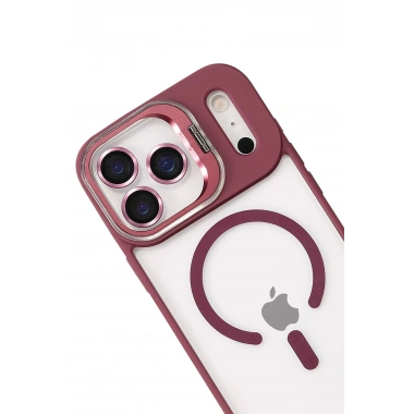 Mey İthalat®   iPhone 17 Pro Remim Lensli Magsafe Standlı Kapak - Bordo