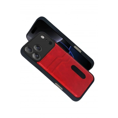 Mey İthalat® iPhone 17 Pro Sara Kartvizitli Deri Kılıf - Kırmızı